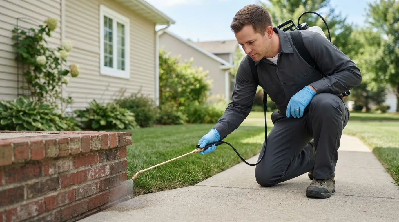 Pest control technician treating a home near Weldon, IA
