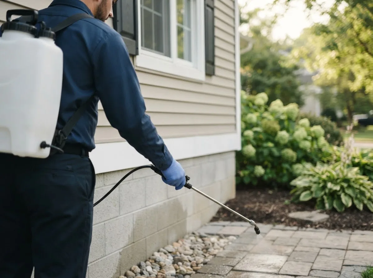 Pest control technician inspecting a home in Weldon, IA